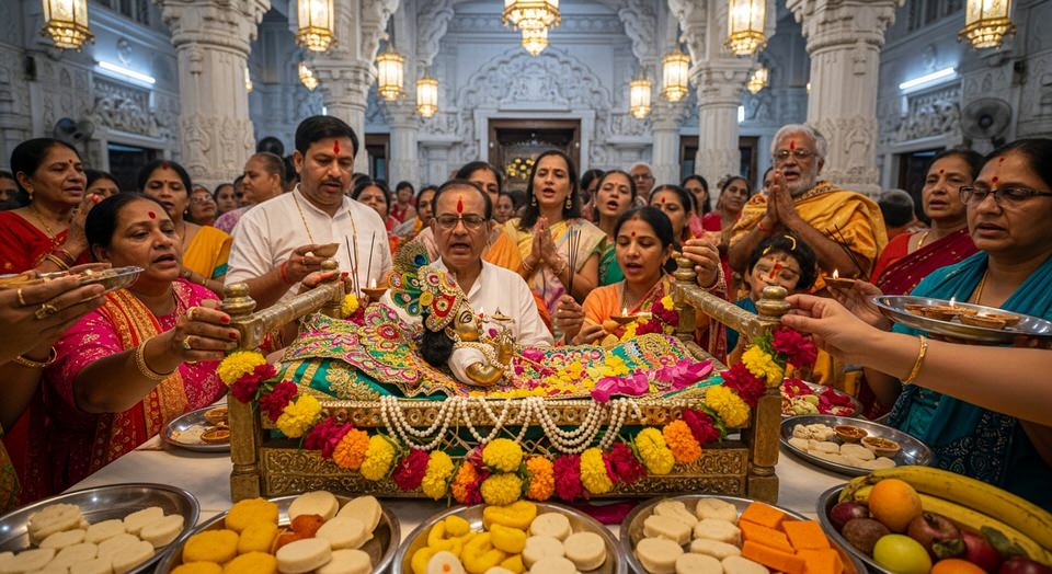 Shri Krishna flute and peacock feather with diyas for Krishna Ashtami night puja