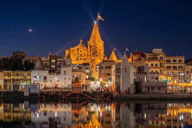 The Dwarkadhish temple - Devbhoomi Dwarka. Twilight view from Gomti river one of the sacred ancient Temple in Hindu Mythology