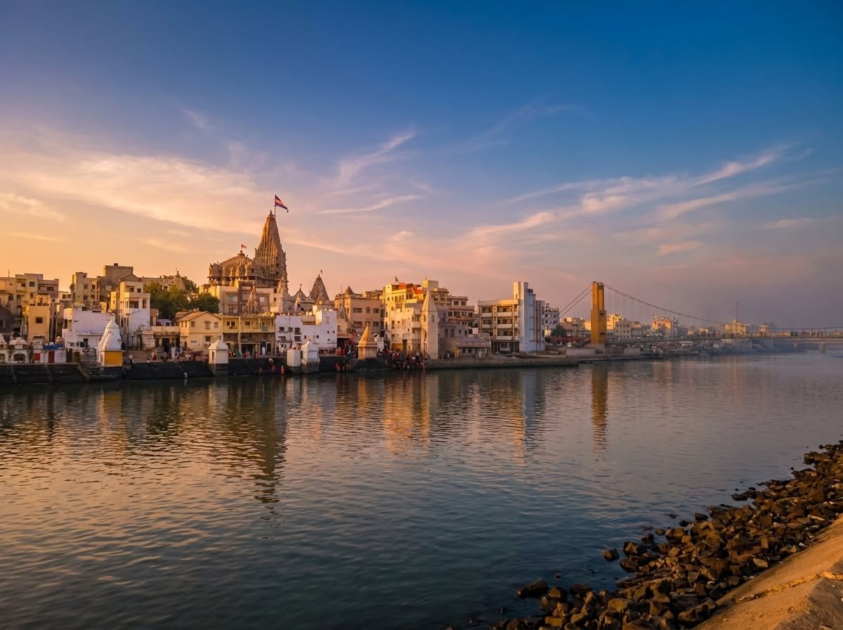 A golden hour view across the Gomti River, featuring the Dwarkadhish Temple, Sudama Setu bridge, and traditional ghat buildings reflecting in the calm water under a soft blue and orange sky.