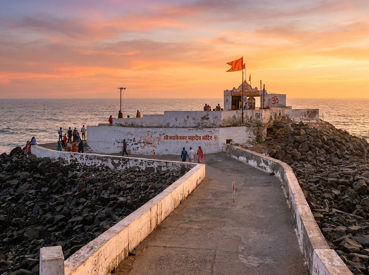 Exterior view of Bhadkeshwar Mahadev Temple in Dwarka from the stone walkway leading to the temple.