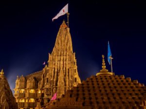 Dwarkadhish Temple in Dwarka, Gujarat, with its towering shikhara and traditional architecture.