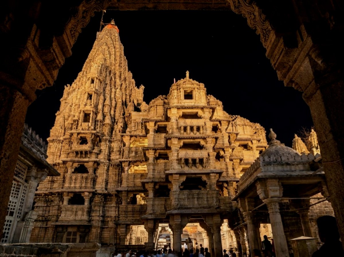 Intricately carved pillars and architectural details inside the Dwarkadhish Temple complex.
