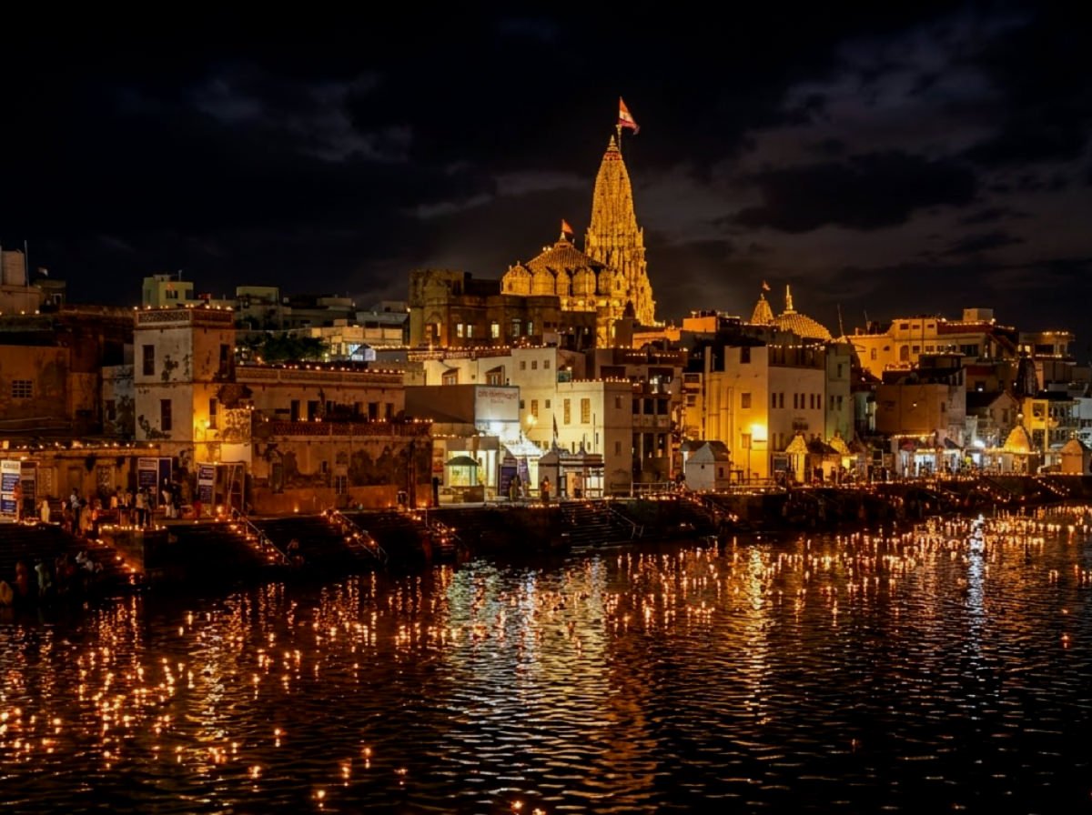 Dwarkadhish Temple viewed from Gomti Ghat in Dwarka, Gujarat.