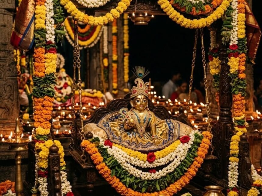 Beautifully decorated idol of baby Lord Krishna illuminated by diyas during the midnight Janmashtami puja.