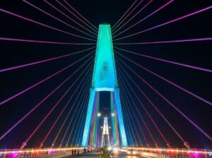 Panoramic Night view of Sudarshan Setu, India's longest cable-stayed bridge connecting Okha mainland to Beyt Dwarka island over the Arabian Sea in Gujarat.