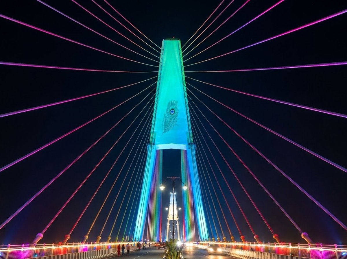 Panoramic Night view of Sudarshan Setu, India's longest cable-stayed bridge connecting Okha mainland to Beyt Dwarka island over the Arabian Sea in Gujarat.